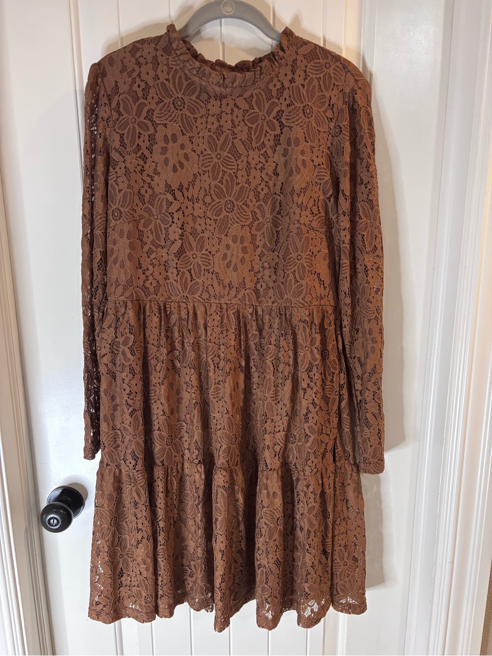 Long Sleeve Brown Lace Tiered Dress - Women